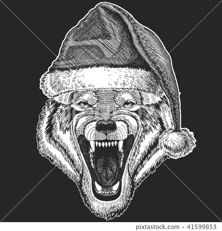 Wolf, dog Christmas, new year celebration. Santa Claus winter hat. Xmas headdress. Wolf, dog Christmas, new year celebration. Santa Claus winter hat. Xmas headdress. 41599853