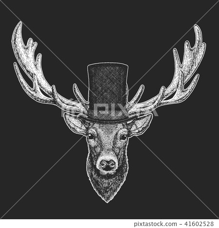 Deer Top hat, cylinder. Hipster animal, gentleman. Classic headdress. Print for children t-shirt 41602528