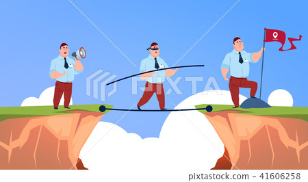 Businessman speak in megaphone, goes along a rope closed eyes to business man with geolocation flag Businessman speak in megaphone, goes along a rope closed eyes to business man with geolocation flag 41606258