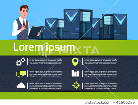 creative businessman hold tablet in hand, data server infographic communication database support 41606259