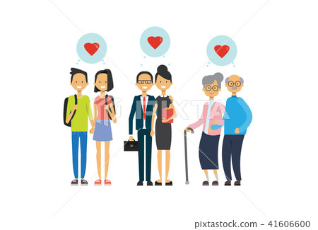 grandmother and grandfather, parent and teens couple in love, multi generation family, full length 41606600