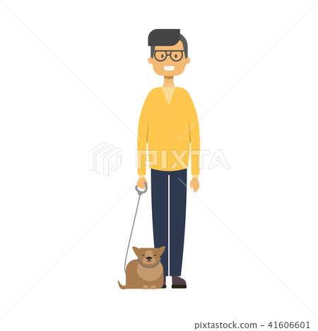 man walking with cat. full length boy with pets on white background cute guy, happy family concept 41606601