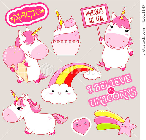 Set of cute unicorns stickers in kawaii style 41611147