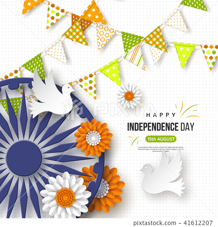 Indian Independence day holiday background. Bunting flags, flower in traditional tricolor of indian Indian Independence day holiday background. Bunting flags, flower in traditional tricolor of indian 41612207