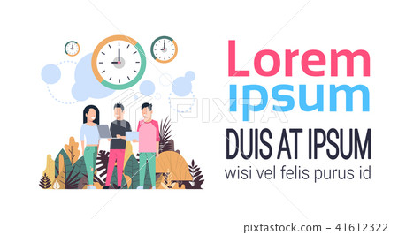 clock man woman cominicating punctuality concept over flat banner copy space clock man woman cominicating punctuality concept over flat banner copy space 41612322