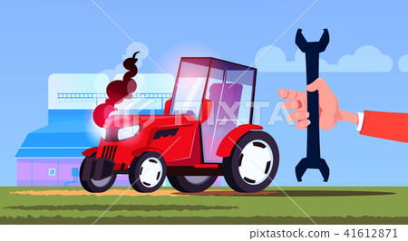 hand hold spanner over tractor plowing field eco farming concept flat 41612871