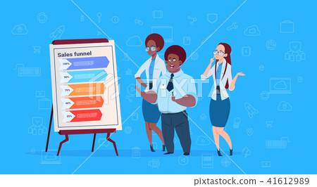 mix race businesspeople team hold flip chart data cloud sales funnel with steps stages business 41612989