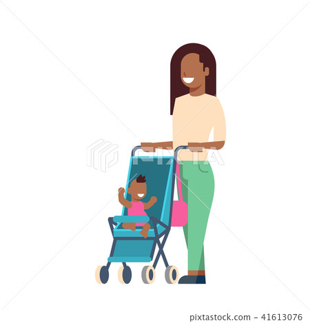 african mother baby son in stroller full length avatar on white background, successful family 41613076