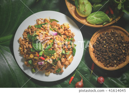 Spicy minced pork with vegetables in dark moody tone, 41614045