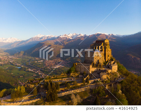 Aerial view old medieval abbey perched 41614925