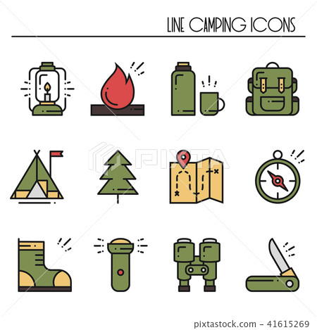 Hiking and Camping Line Icons Set. Outdoor Camp... - Stock Illustration ...