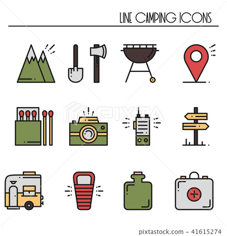 Hiking and Camping Line Icons Set. Outdoor Camp... - Stock Illustration ...