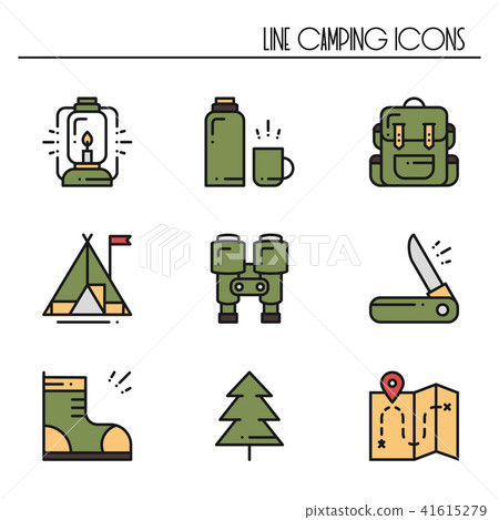 Hiking and Camping Line Icons Set. Outdoor Camp... - Stock Illustration ...