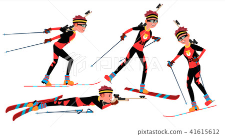 Biathlon Male Player Vector. Playing In Different Poses. Man Athlete. Rifle Gun. Participant In 41615612