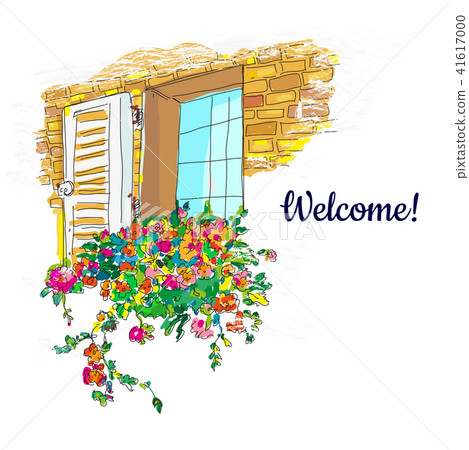 Window and flowers welcome card illustration Window and flowers welcome card illustration 41617000