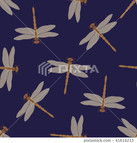 Seamless pattern Beige dragonflies on a dark blue background 41618213