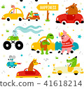 Cute funny animals llama, crocodile, bookworm, rabbit, mouse, turtle and pig driving colorful cars 41618214