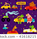 Cute funny animals llama, crocodile, bookworm, rabbit, mouse, turtle and pig driving colorful cars 41618215