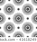 Seamless pattern with black flowers and halftone circle frame on white background 41618249
