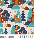 Seamless pattern with cute wild animals in blue forest. Fox, squirrel, bear, hare, deer, hedgehog 41618252