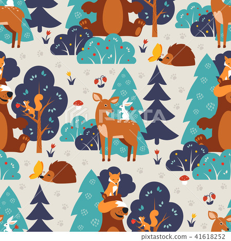 Seamless pattern with cute wild animals in blue forest. Fox, squirrel, bear, hare, deer, hedgehog 41618252