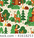 Seamless pattern with cute wild animals in green forest. Fox, squirrel, bear, hare, deer, hedgehog 41618253