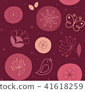 Seamless pattern cute flower, bird and butterfly on circles in red palette 41618259