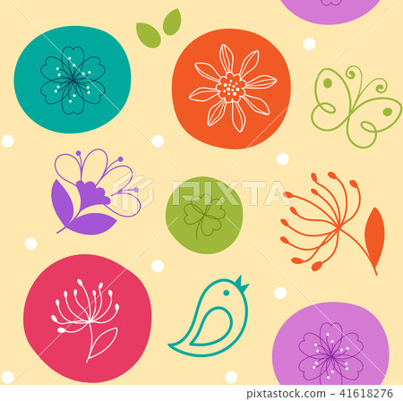 Colorful seamless pattern cute flower, bird and butterfly on circles 41618276