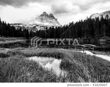 Tre Cime di Lavaredo Mountain reflected in water od Antorno Lake, Dolomites, Italy 41620007