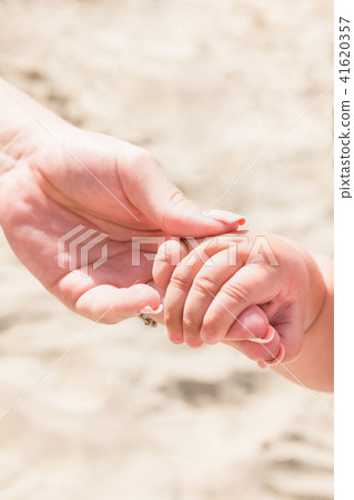 Young Caucasian Woman Mother Holds Hand of Baby Young Caucasian Woman Mother Holds Hand of Baby 41620357