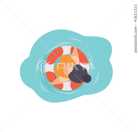 Young woman in sunglasses resting on floating inflatable ring, top view vector Illustration on a 41621321