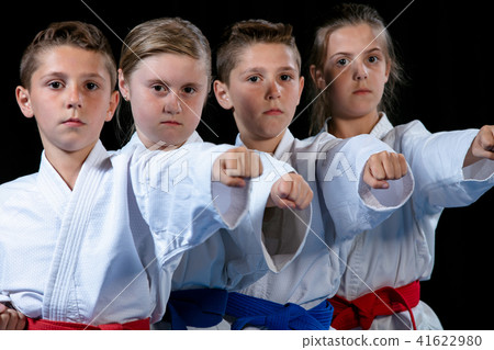 young, beautiful, successful multi ethical karate kids in karate position. 41622980
