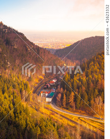 View from Oybin to Zittau. Beautiful Valley with railroad track. Germany 41623332