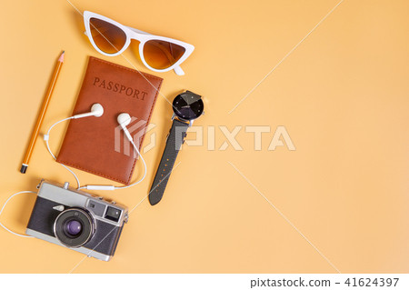 Chic Luxury Travel accessories on brown copy space Chic Luxury Travel accessories on brown copy space 41624397