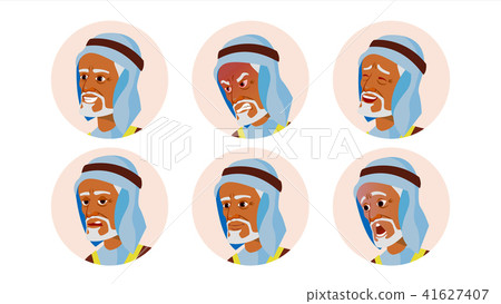 Old Arab Avatar Icon Man Vector. Traditional Clothes. Facial Emotions. Round Portrait. Cute Employer Old Arab Avatar Icon Man Vector. Traditional Clothes. Facial Emotions. Round Portrait. Cute Employer 41627407