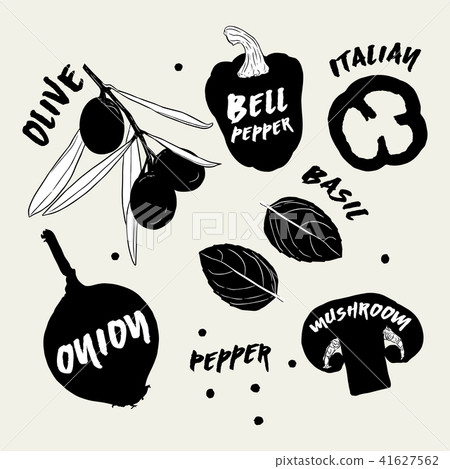 collection of ink vegetables silhouette with name. collection of ink vegetables silhouette with name. 41627562