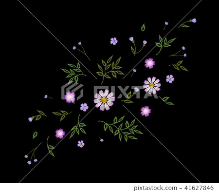 Tiny field flower realistic embroidery. Wild herbs daisy textile print decoration black fashion Tiny field flower realistic embroidery. Wild herbs daisy textile print decoration black fashion 41627846