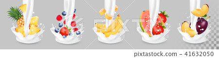 Big collection of fruit in a milk splash. Big collection of fruit in a milk splash. 41632050