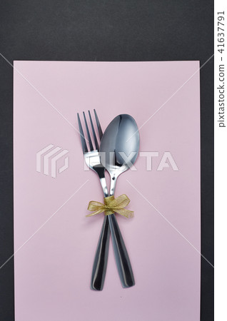 Set table with silver spoon and white napkin Set table with silver spoon and white napkin 41637791