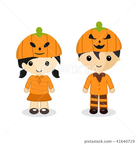 Cute cartoon couple standing wear a pumpkin hat 41640729