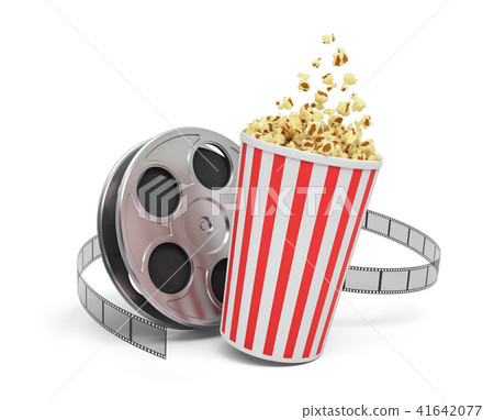 3d rendering of a video reel with video film stretching around a big bucket full of popcorn. 3d rendering of a video reel with video film stretching around a big bucket full of popcorn. 41642077
