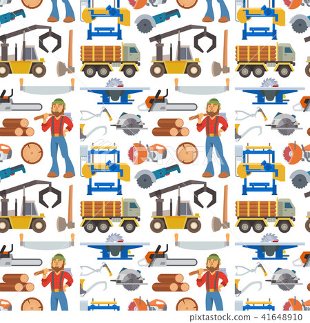 Sawmill woodcutter character logging equipment... - Stock Illustration ...