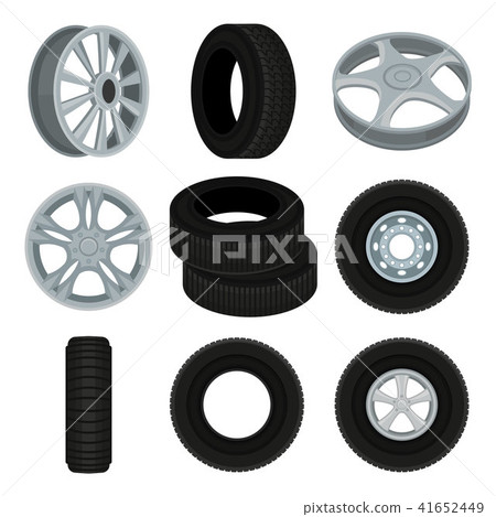 Flat vector set of car disks and tires. Alloy wheels. Elements for advertising banner or poster of Flat vector set of car disks and tires. Alloy wheels. Elements for advertising banner or poster of 41652449
