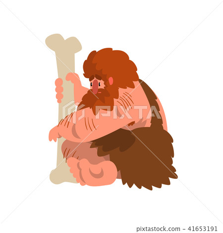 Muscular primitive caveman sitting with huge bone, stone age prehistoric man character cartoon 41653191