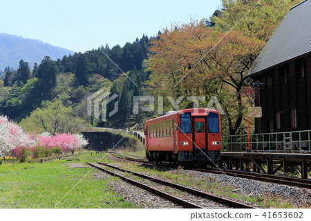 A diesel railcar on the Etsumi-Hoku Line entering Katsuhara Station in Hanamomo no Sato 41653602
