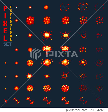 Pixel art explosions. game icons set. Comic... - Stock Illustration ...