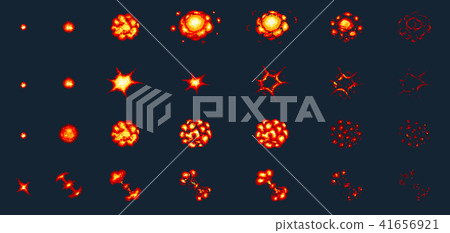 Pixel art explosions. game icons set. Comic... - Stock Illustration ...