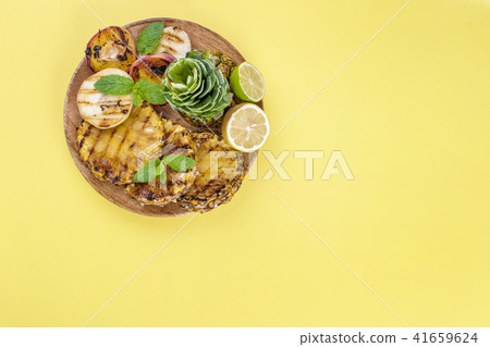 Pineapple and peach barbecued grilled picnic. Free space for text. Summer Lunch. Copy space. flat Pineapple and peach barbecued grilled picnic. Free space for text. Summer Lunch. Copy space. flat 41659624