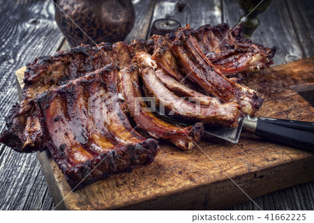 Barbecue Pork Spare Ribs as top view on an old cut 41662225