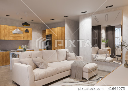 3d render Interior design in Scandinavian style, living room and kitchen 41664075